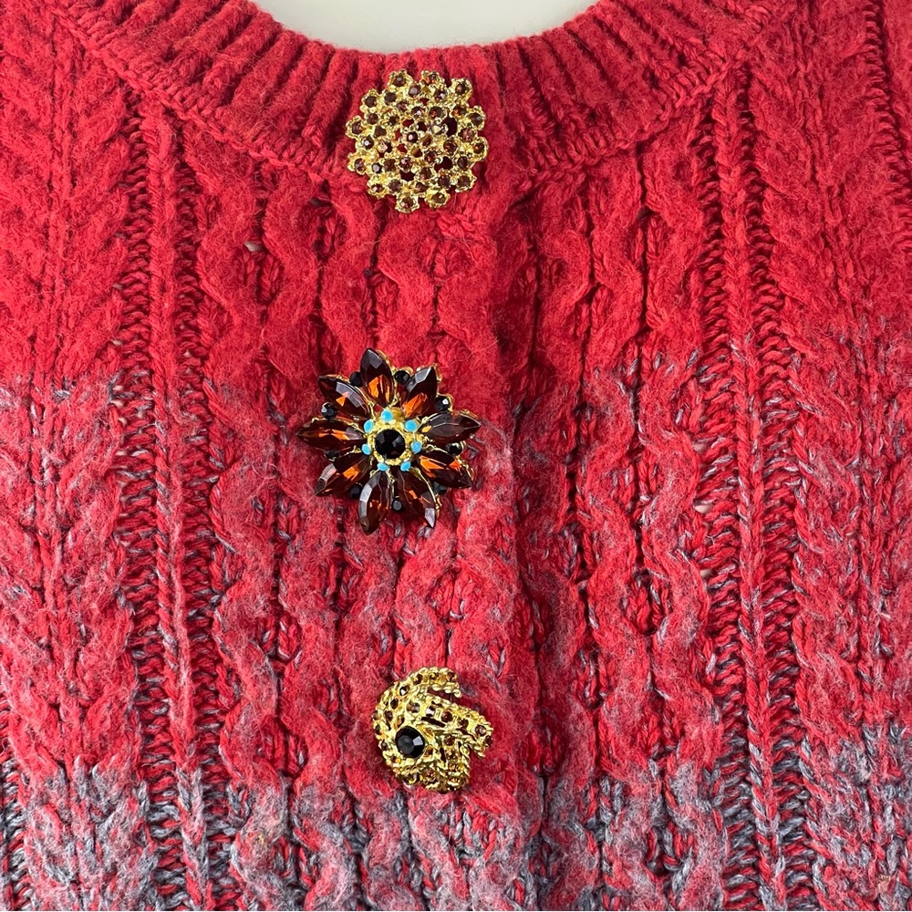 ANTHROPOLOGIE SLEEPING ON SNOW RED & GRAY WOOL CARDIGAN GOLD BUTTONS L Winter - Picture 4 of 8